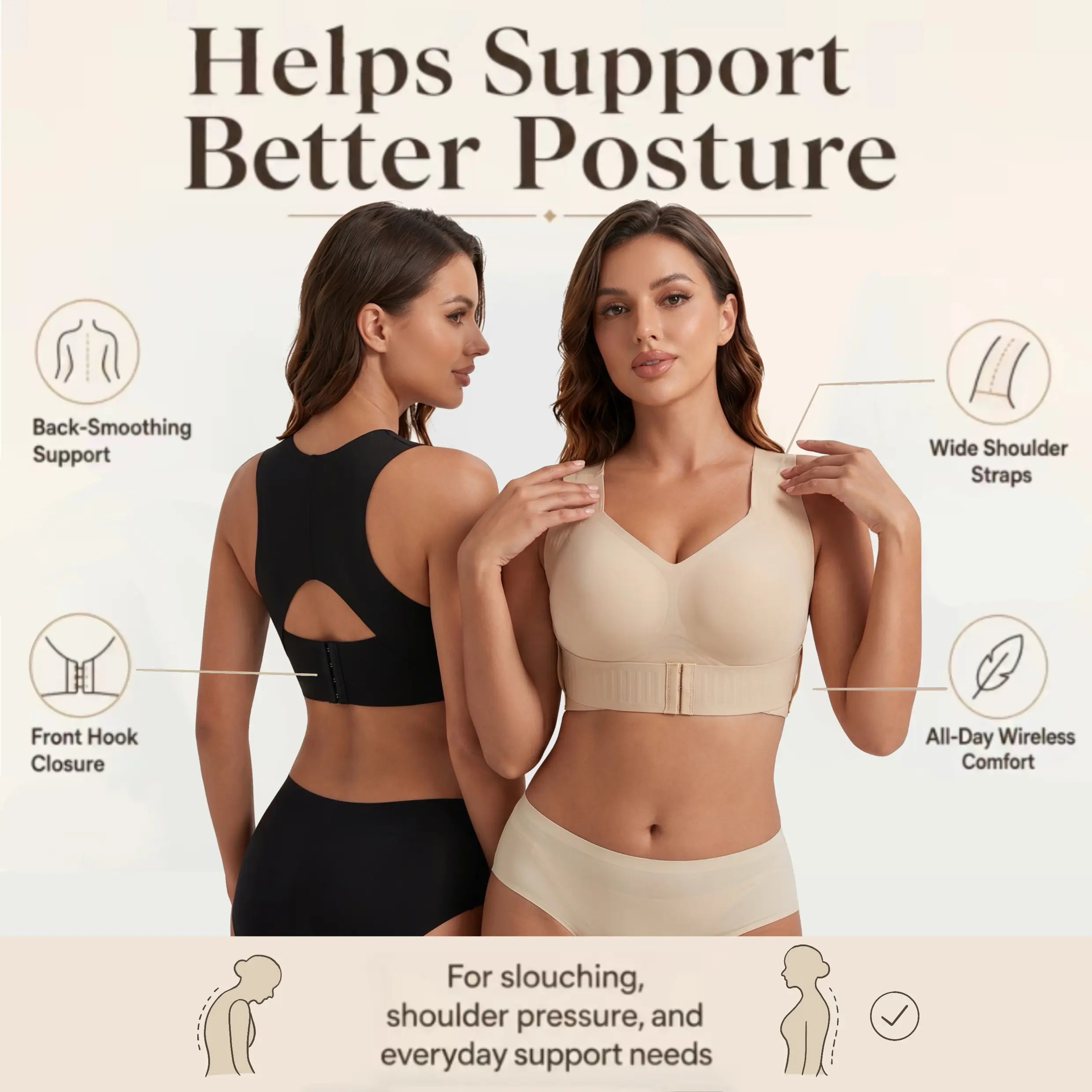 Posture Bra, Women’S Beige Wireless Bra, Soft Breathable Non-Removable Molded Cups, Yoga Fitness Sportswear for Gym and Daily Training, Summer Vibes Bra Soft Comfy Bra Seamless Shaping Bras Push up Bra Bras for Women Minimizer Bra Jelly Bra
