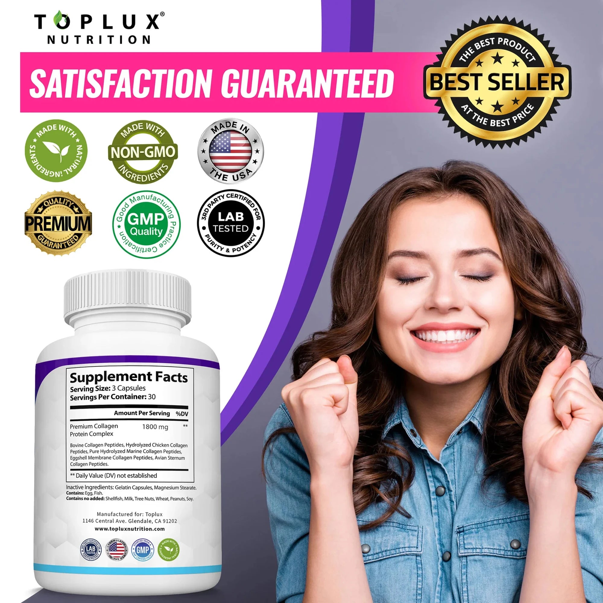 Collagen Peptides 1800mg – Multi-Type Formula for Skin, Hair, Joints & Bones